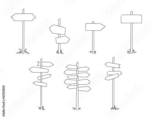 Wooden road signposts. Sketch illustration of road signs.