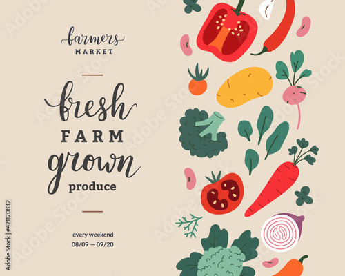 Farmers market flyer design, vector template for food fair with lettering and vegetable illustrations, banner with copy space, modern simple design