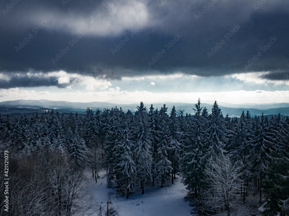 Beautiful view from the watchtower lost in the frozen forest covered in white snow during winter in Czech Republic nature park. Beautiful view from the watchtower lost in the frozen forest covered in white snow during winter in Czech Republic nature park.