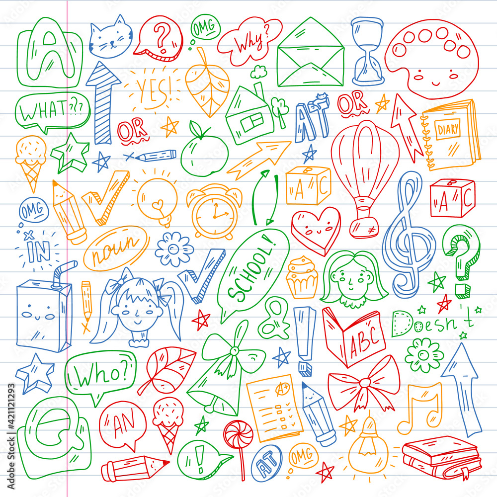 Back to school. Vector illustration with icons about education. English learning. Online internet courses. Back to school. Vector illustration with icons about education. English learning. Online internet courses.