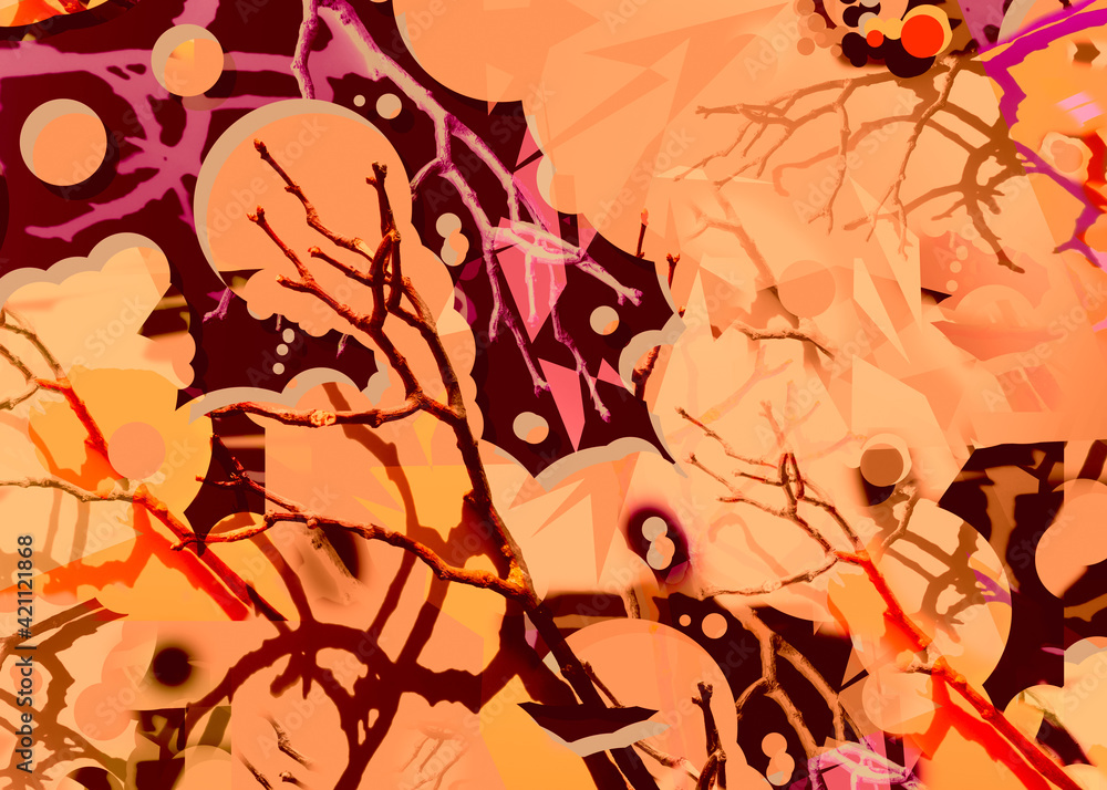 Bare tree branch on abstract art horizontal poster for interior wall with geometric shapes,circles,lines,paint spots and streaks,in peach,brown,burgundy,pink with some red.Bright mood boosting colors Bare tree branch on abstract art horizontal poster for interior wall with geometric shapes,circles,lines,paint spots and streaks,in peach,brown,burgundy,pink with some red.Bright mood boosting colors