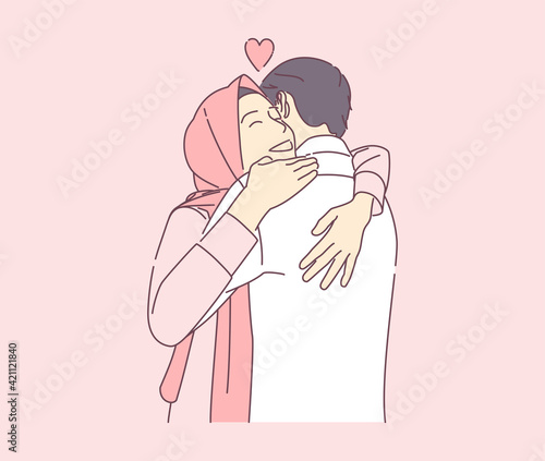 a beautiful muslim woman hugging a man with happy smile vector hand drawn illustration can use for landing page template ui web homepage poster banner flyer