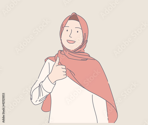 cute muslim girl giving likes hand drawn illustration, happy young muslim woman smiling and give thumbs up vector, can use for, landing page, template, ui, web, homepage, poster, banner, flyer