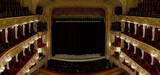 Top view of empty opera house stage with close curtains