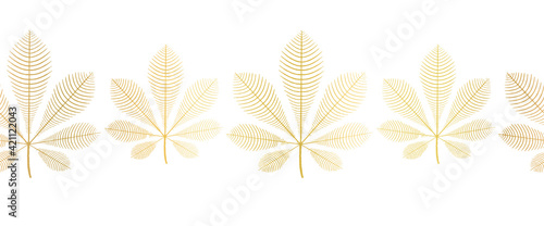 Chestnut leaves gold foil seamless vector border. Repeating nature autumn leaf horizontal pattern with faux metallic golden fall plants. Use for cards, banners, footer, autumn decor.