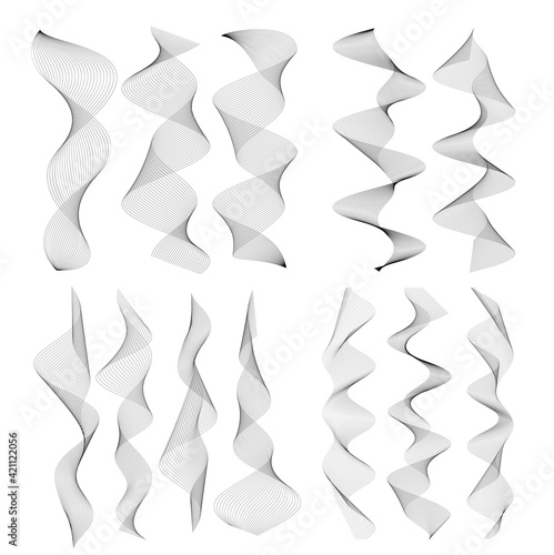 Design elements. Wave of many gray lines. Abstract wavy stripes on white background isolated. Creative line art. Vector illustration EPS 10. Colourful shiny waves with lines created using Blend Tool.
