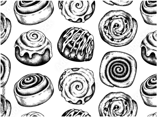 Sketch hand drawn pattern with black frosted cinnamon rolls isolated on white background. Cinnamon bun with raisins, topping, glaze, icing. Drawing food for bakery, dessert menu. Vector illustration