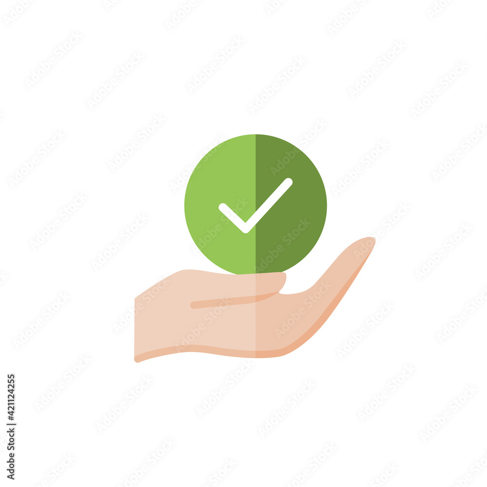 Hand hold check mark. Flat color icon. Commerce vector illustration Hand hold check mark. Flat color icon. Commerce vector illustration