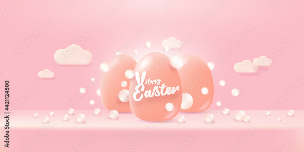 Happy Easter bright pink horizontal banner with soft 3d realistic egg on pastel pink background. Soft clay 3d style happy easter concept vector illustration. Happy easter background