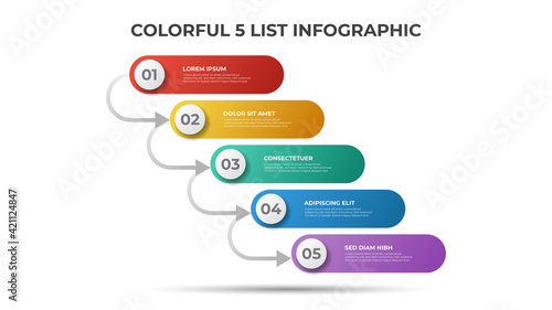 5 points of list or steps diagram with arrows, infographic element template vector.