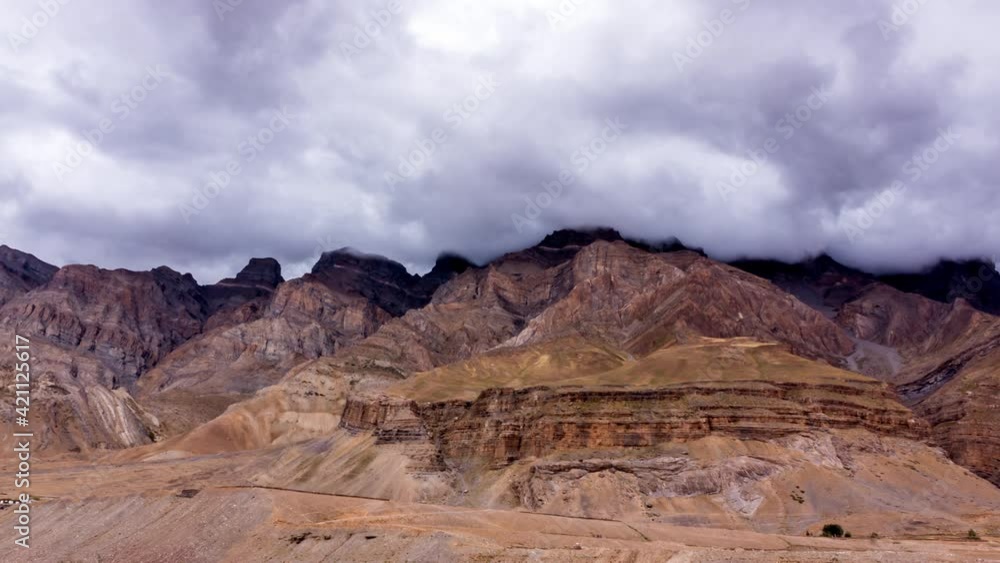 Deserted Himalaya Mountains and Time Lapse of Clouds passing over in Pin Valley National Park, Spiti Valley, Himachal Pradesh, India Deserted Himalaya Mountains and Time Lapse of Clouds passing over in Pin Valley National Park, Spiti Valley, Himachal Pradesh, India