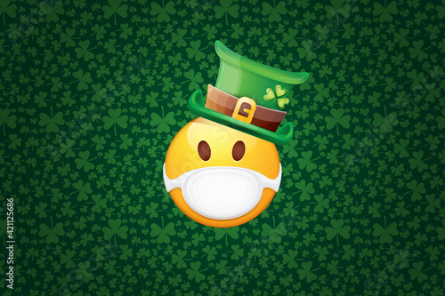 Vector Emoji sticker with mouth medical protection mask and saint Patricks green hat isolated on green horizontal background. Yellow st. Patricks smile face character with hat and white surgeon mask.