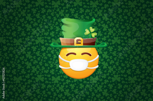 Vector Emoji sticker with mouth medical protection mask and saint Patricks green hat isolated on green horizontal background. Yellow st. Patricks smile face character with hat and white surgeon mask.