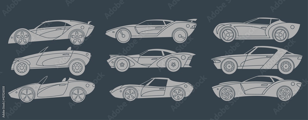 A set of super cars. Light silhouettes. Side view Vector illustration A set of super cars. Light silhouettes. Side view Vector illustration