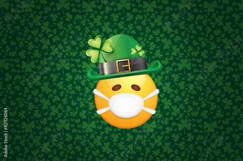 Vector Emoji sticker with mouth medical protection mask and saint Patricks green hat isolated on green horizontal background. Yellow st. Patricks smile face character with hat and white surgeon mask.
