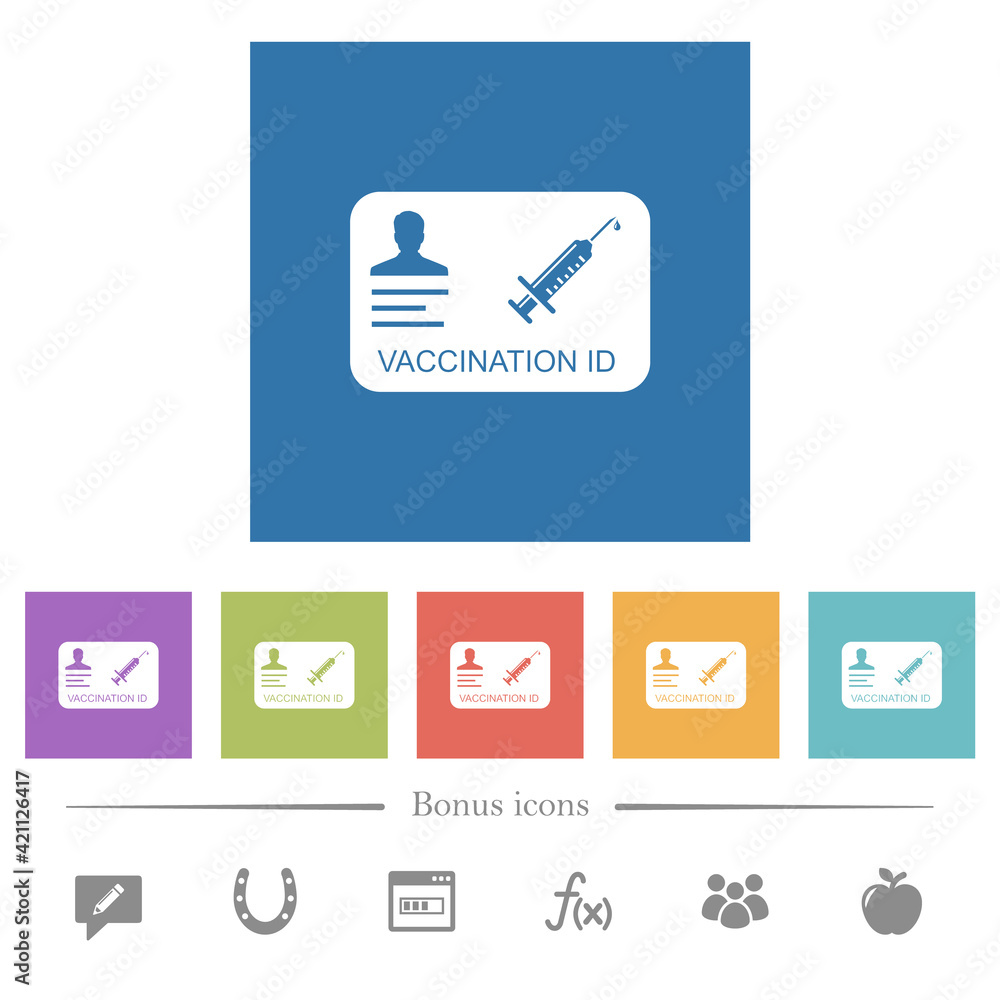 Vaccination id flat white icons in square backgrounds Vaccination id flat white icons in square backgrounds