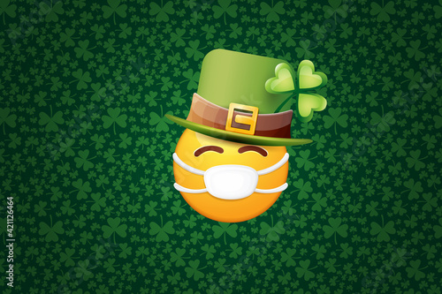 Vector Emoji sticker with mouth medical protection mask and saint Patricks green hat isolated on green horizontal background. Yellow st. Patricks smile face character with hat and white surgeon mask.