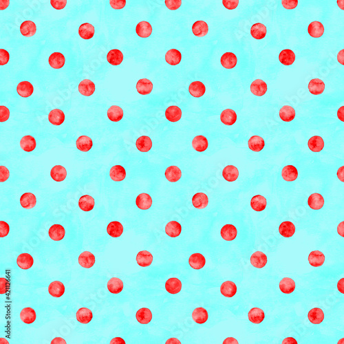Polka dot watercolor seamless pattern. Abstract watercolour red color circles on green background
