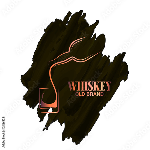 whiskey glass and bottle watercolor logo on white