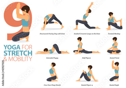 9 Yoga poses or asana posture for workout in Stretch and Mobility concept. Women exercising for body stretching. Fitness infographic. Flat cartoon vector
