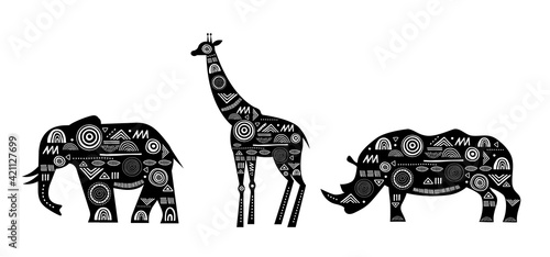 Africa banner with patterned giraffes, elephant and rhino horn, black and white tribal banner
