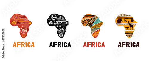 Africa patterned map, collection of logo design. Banner with tribal traditional grunge pattern, elements, concept design