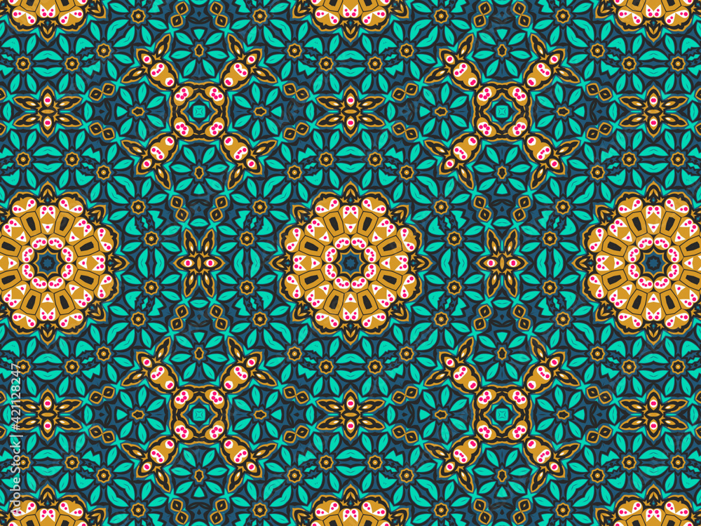 Wallpaper Geometric Seamless Ornament Abstract Pattern Green, Black, Blue, and Gold Yellow with Red Dots For print and Background. Geometric Tile Digital Paper.