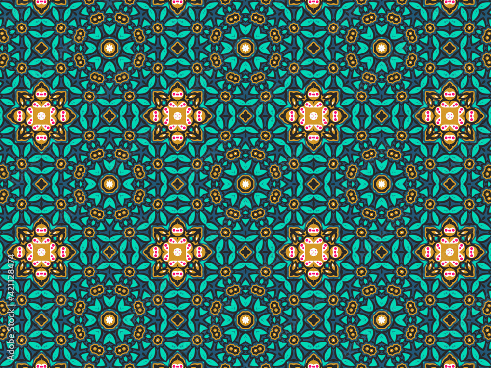 Wallpaper Geometric Seamless Ornament Abstract Pattern Green, Black, Blue, and Gold Yellow with Red Dots For print and Background. Geometric Tile Digital Paper. Wallpaper Geometric Seamless Ornament Abstract Pattern Green, Black, Blue, and Gold Yellow with Red Dots For print and Background. Geometric Tile Digital Paper.