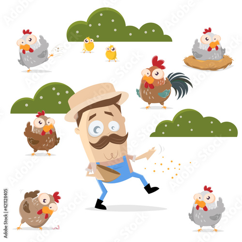 cartoon illustration of a farmer feeding his chickens