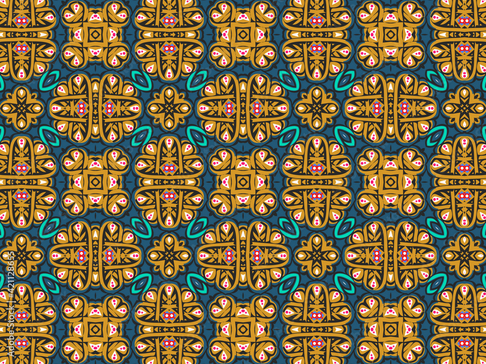 Wallpaper Geometric Seamless Ornament Abstract Pattern Green, Black, Blue, and Gold Yellow with Red Dots For print and Background. Geometric Tile Digital Paper. Wallpaper Geometric Seamless Ornament Abstract Pattern Green, Black, Blue, and Gold Yellow with Red Dots For print and Background. Geometric Tile Digital Paper.