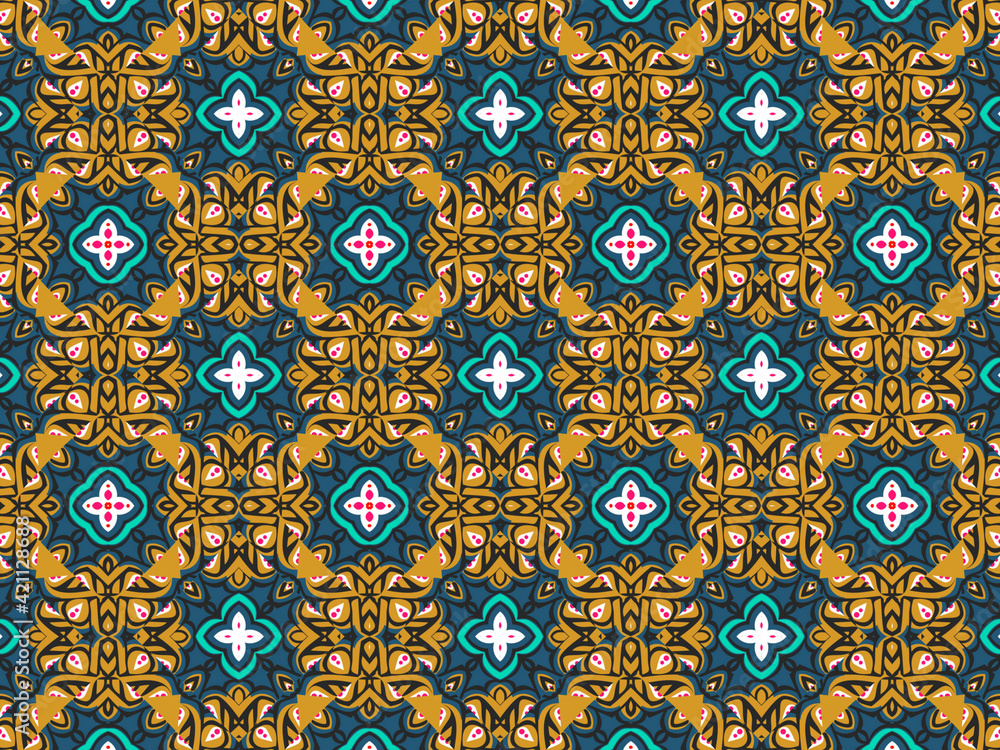 Wallpaper Geometric Seamless Ornament Abstract Pattern Green, Black, Blue, and Gold Yellow with Red Dots For print and Background. Geometric Tile Digital Paper. Wallpaper Geometric Seamless Ornament Abstract Pattern Green, Black, Blue, and Gold Yellow with Red Dots For print and Background. Geometric Tile Digital Paper.