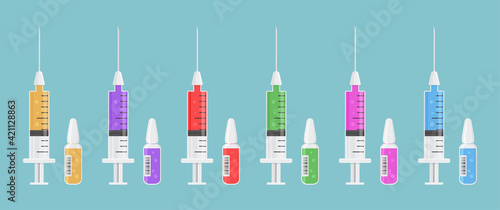 Transparent syringe and ampoule vector icon with colorful vaccine, medicine vial. Inject needle concept. Medical bottle and syringes on blue background. Health illustration