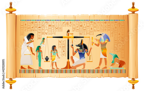 Egyptian papyrus from Book of Dead with Weighing of Heart, afterlife ritual in Duat. Osiris judgment illustration. God Anubis, Thoth with scales pair. Vector ancient Egypt papyrus with hieroglyph text