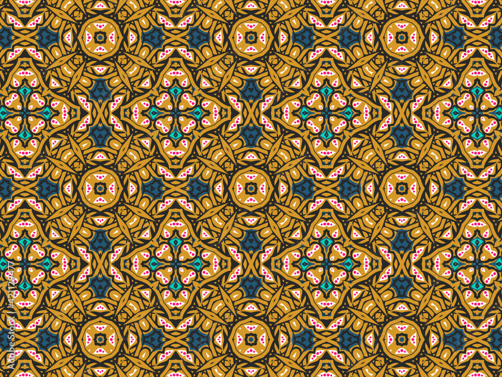 Wallpaper Geometric Seamless Ornament Abstract Pattern Green, Black, Blue, and Gold Yellow with Red Dots For print and Background. Geometric Tile Digital Paper. Wallpaper Geometric Seamless Ornament Abstract Pattern Green, Black, Blue, and Gold Yellow with Red Dots For print and Background. Geometric Tile Digital Paper.