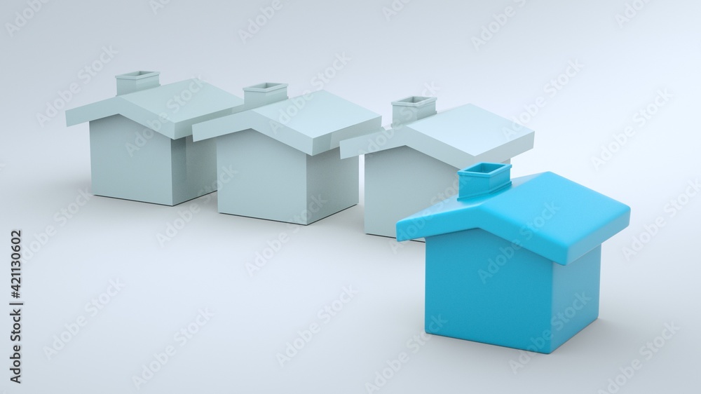 Searching for real estate property, house or new home, blue paper house standing out. white background. 3D model Searching for real estate property, house or new home, blue paper house standing out. white background. 3D model