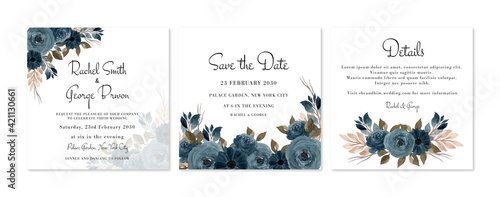 Beautiful indigo blue rustic floral wedding invitation set