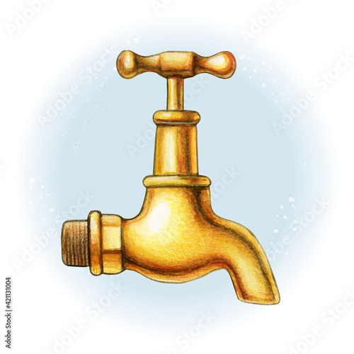 Watercolor hand drawn brass golden water tap