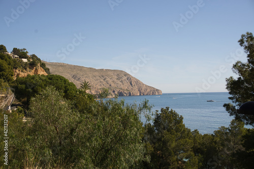 view of the sea between vegetation, located in Alicante, Spain