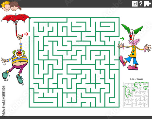 maze educational game with cartoon clowns characters
