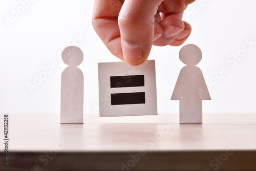 Equality man and woman and hand holding equal sign poster
