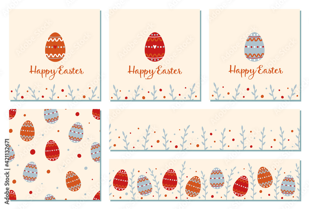 Set of Easter cards and seamless patterns. Easter eggs and pussy willow. Suitable for Easter design. Set of Easter cards and seamless patterns. Easter eggs and pussy willow. Suitable for Easter design.