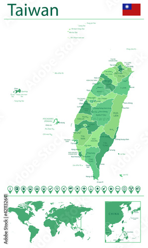 Taiwan detailed map and flag. Taiwan on world map.