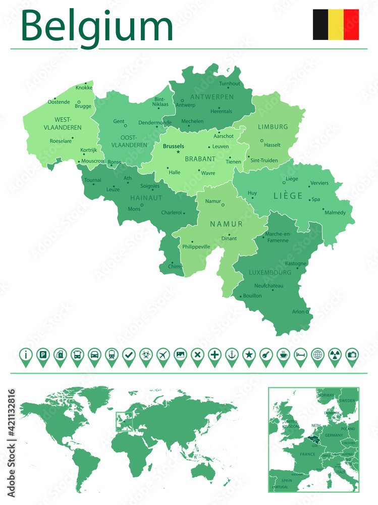 Belgium detailed map and flag. Belgium on world map.