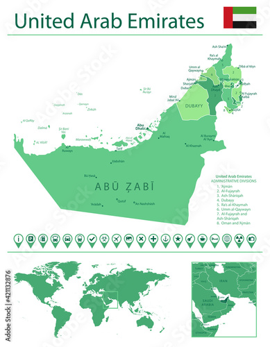 United Arab Emirates detailed map and flag. United Arab Emirates on world map.