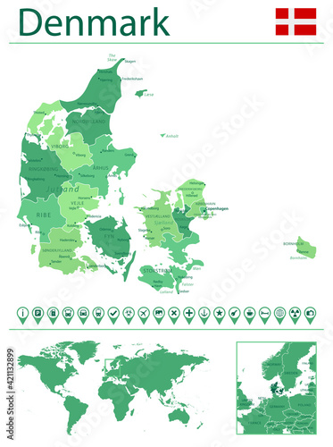 Denmark detailed map and flag. Denmark on world map.