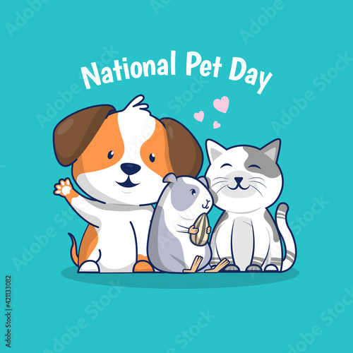 National pet day holiday social media post and card design with cute pets