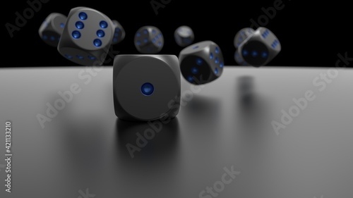Rolling blue-black dices on black metallic plate under black background. 3D CG. 3D illustration. 3D high quality rendering.