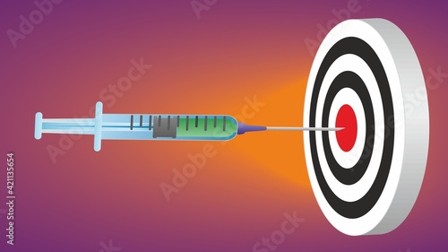 Syringe and dart board. The image could represent goals in corona virus programme, but also other programs for vaccinations or injectiones. Dimensions is 16:9. Vector illustration. EPS10.