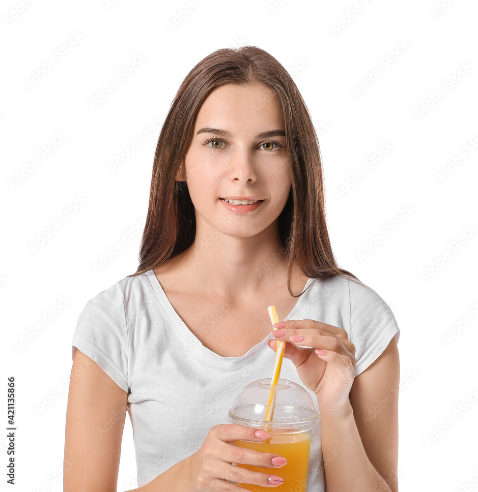 Young woman with orange juice on white background Young woman with orange juice on white background
