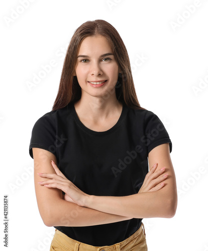 Beautiful young woman on white background © Pixel-Shot